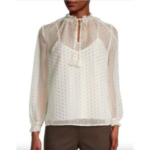 Nanette Lepore Top Swiss Dot Tassel Tie White Gold Sheer Ruffle Smocked Boho‎ M